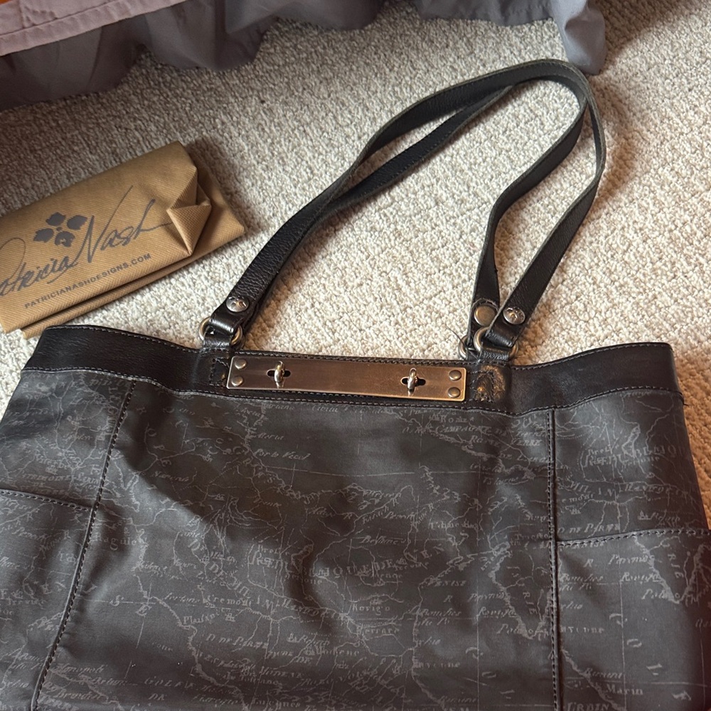Patricia Nash Black Map-Print Shoulder Bag with Gunmetal Accent